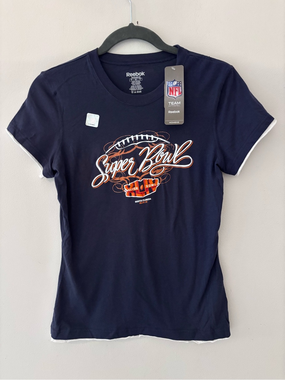 NWT Reebok T Shirt Super Bowl XLIV Navy Blue Small Saints Colts Cotton NFL gear